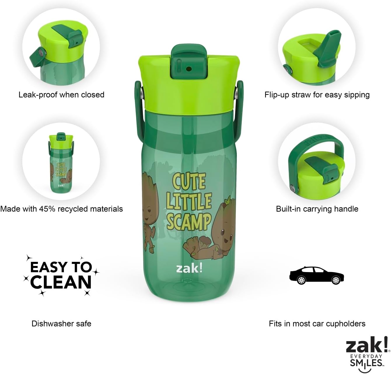Zak Designs Harmony Marvel Groot Water Bottle for Travel or At Home, 18oz Recycled Plastic is