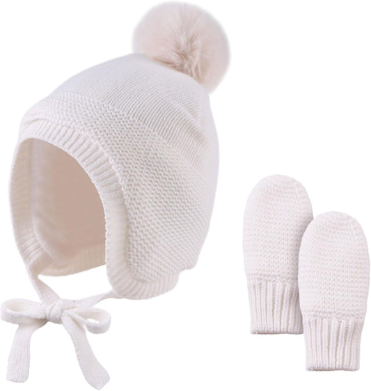 Basic Winter Baby Beanie Gloves Boys Girls Knitted Hat Pompom Kids Earflap Hats Warm Infant Toddler Beanie Mittens Set