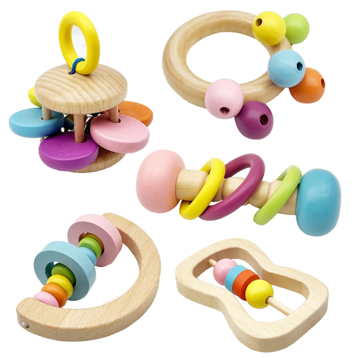 Wooden Baby Rattle, Organic Colorful Baby Rattles Set, Toddler Hand Wooden Rattles Toy Set for
