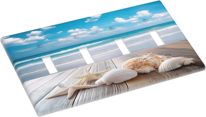 Light Switch Covers Beach Waves Brown Wood Starfish Shells Quad Toggle Electrical Faceplate 4 Gang Wall Plate Decorative Switch Plates For Bathroom Living Room Decor