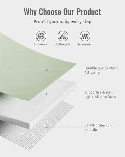 Blissful Diary Vegan Leather Baby Play Mat, 50x50 Thicken Foam Cushioned & Waterproof Playpen Mat for Infants and Toddlers, Stylish and Just Wipe-Clean Playmat for Baby Play on Floor, Light Green