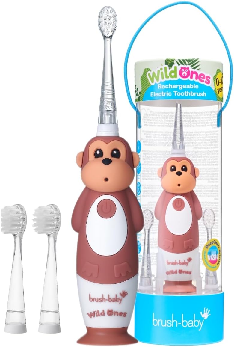 brush-baby WildOnes™ Rechargeable Kids Electric Toothbrush – Monkey | Flashing Lights, 2-Min Timer