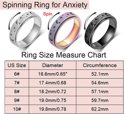 Anxiety Ring for Women Men, Titanium Stainless Steel Spinner Ring, 5 Colors, 6MM, Size 6-10, 3 Styles Anxiety Ring-Moon Star, Sandblasted Finished, Hollow Outer