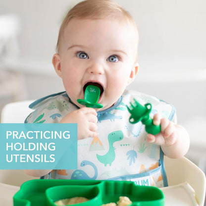 Bumkins Baby Utensils Set, Chewtensils Silicone Spoons for Dipping, Self-Feeding, Baby Led Weaning, Trainer Learning, First Stage Eating, Soft Practice Fork and Spoon, Babies 6 Months, Jade Green