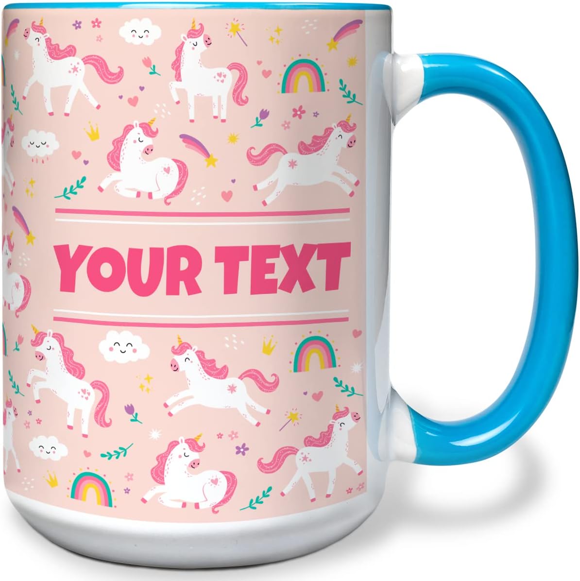 Personalized Mug for Kids - Pink Unicorn - Custom Name/Text, Ceramic Hot Chocolate/Cocoa/Coffee Cup for Girls, Birthday/Christmas/Holiday Gift - 15 oz, Light Blue Handle
