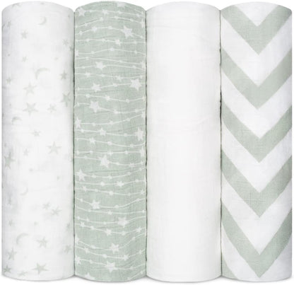 Comfy Cubs Muslin Swaddle Blankets Pack of 4, 47 x 47 Inches, Soft Cotton Baby Blanket Set, Large Multipurpose Swaddling Wraps for Newborns - Self-Soothing Swaddle - Green