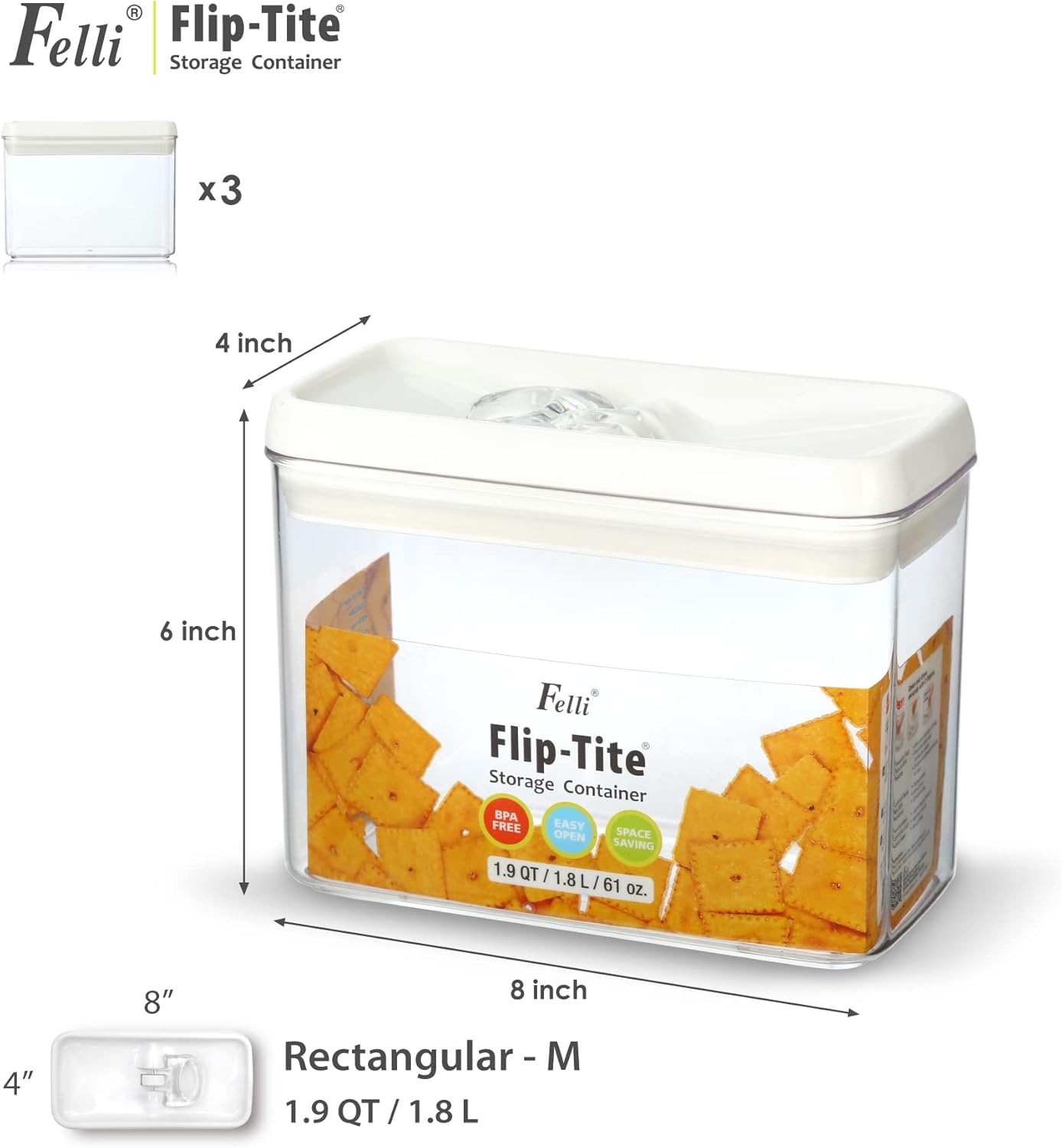 Felli Flip Tite Storage Container with Lid 4” RECTANGULAR Airtight Ring Flip Top, Stackable Kitchen