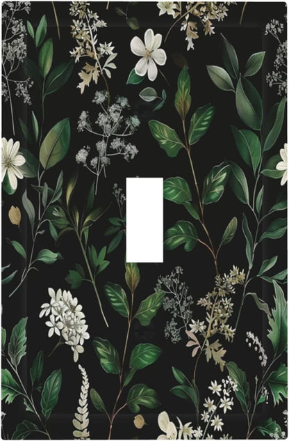 Decorative Switch Covers Plate Rustic Green Leaves White Flower 1 Gang Wall Plate Unique Single Toggle Wall Cover Plate Jumbo Electrical Light Switch Plate Faceplate for Country Home Decor