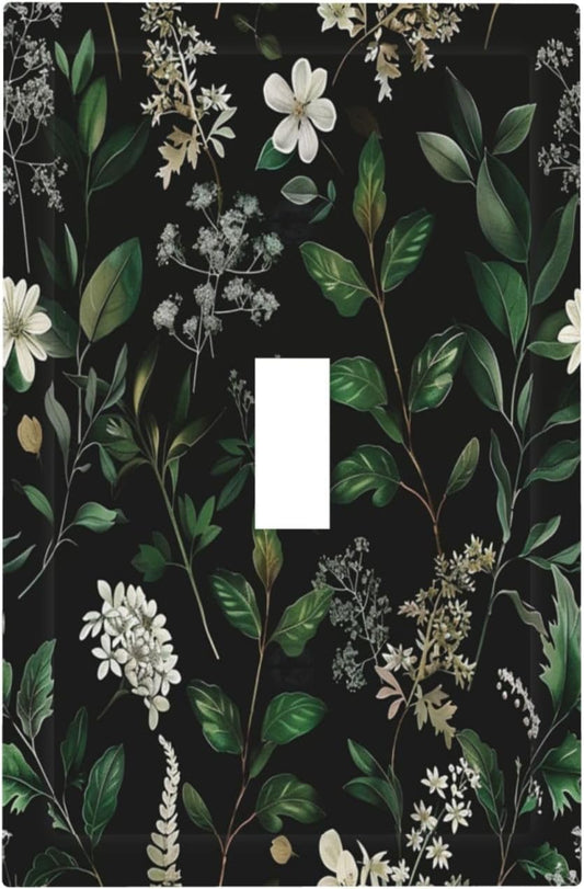 Decorative Switch Covers Plate Rustic Green Leaves White Flower 1 Gang Wall Plate Unique Single Toggle Wall Cover Plate Jumbo Electrical Light Switch Plate Faceplate for Country Home Decor