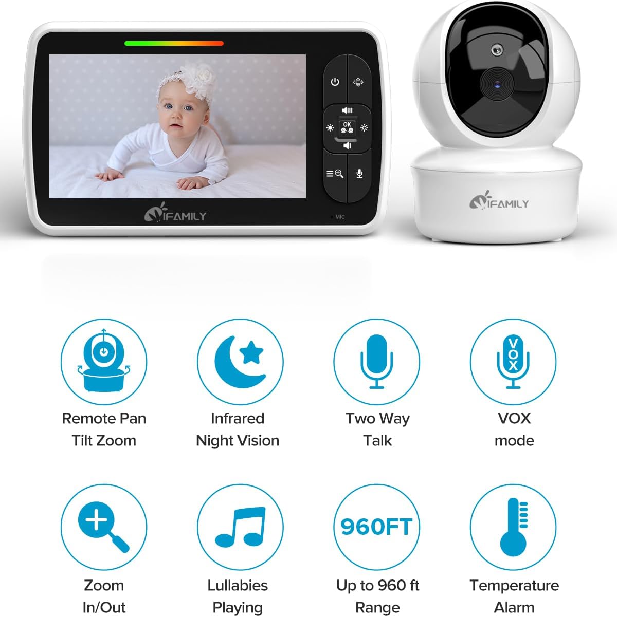 iFamily Baby Monitor - Large 5" Screen with 30Hrs Battery Life - Remote Pan-Tilt-Zoom;No WiFi