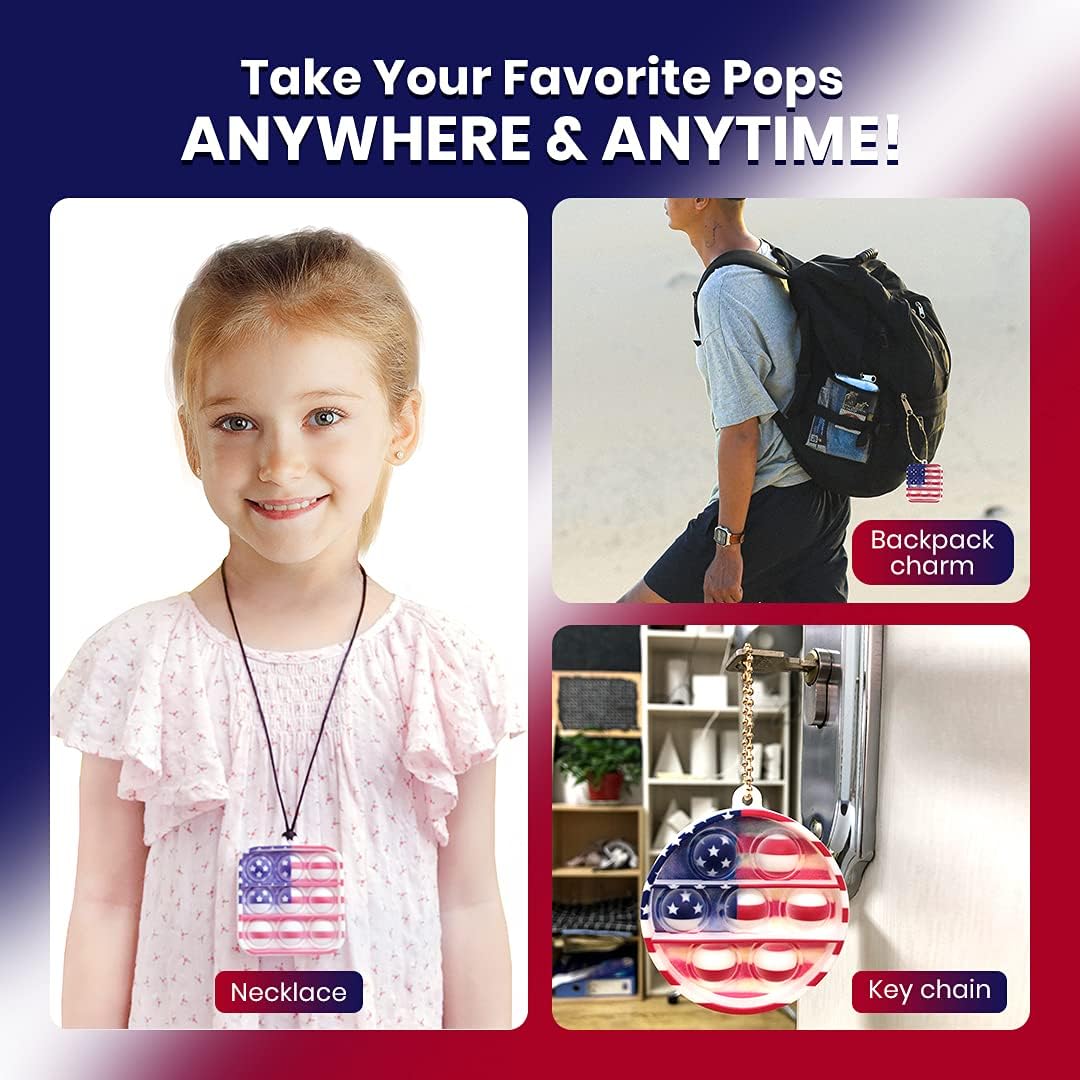 Pop It Fidget Necklace, Mini Fidget Toy Keychain, Simple Dimple Popper, Anxiety Relief Toys, Small Push Pop Bubble Sensory, Sensory Necklace Toys for Boys and Girls (American Flags)