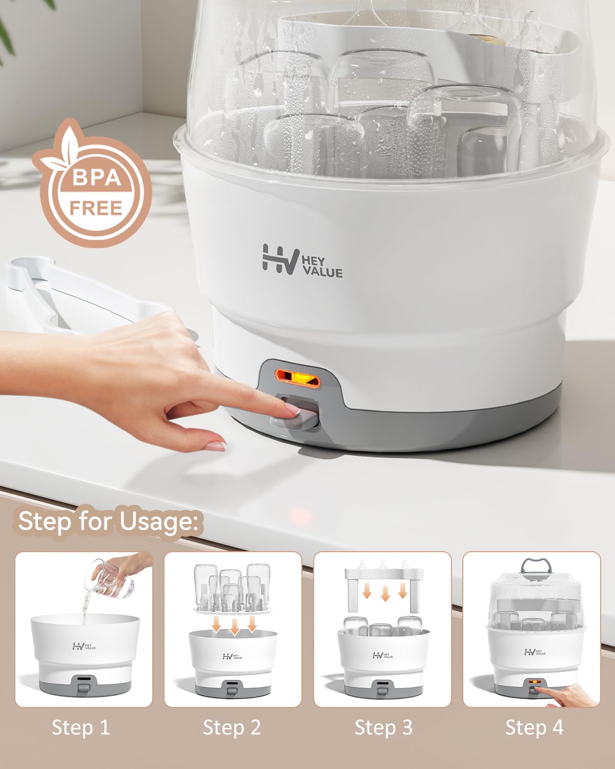 HEYVALUE Bottle Sterilizer, Baby Bottle Sterilizer, Easy One Button Control Electric Bottle
