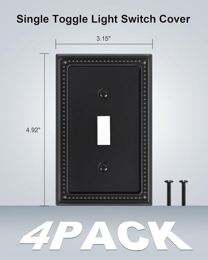 4-Pack Single Toggle Light Switch Cover Plate, Pearls Decorative Switch Plate Covers, Black 1 Gang Metal Wall Plate, Corrosion Resistant