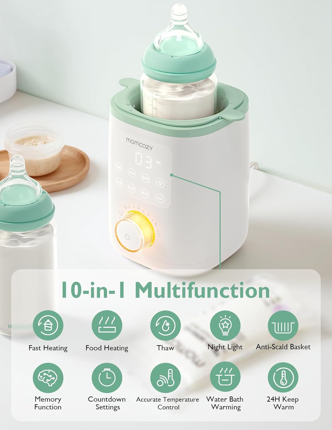 Momcozy Retain Nutrients Bottle Warmer, 9-in-1 Baby Bottle Warmer with Night Light, Accurate