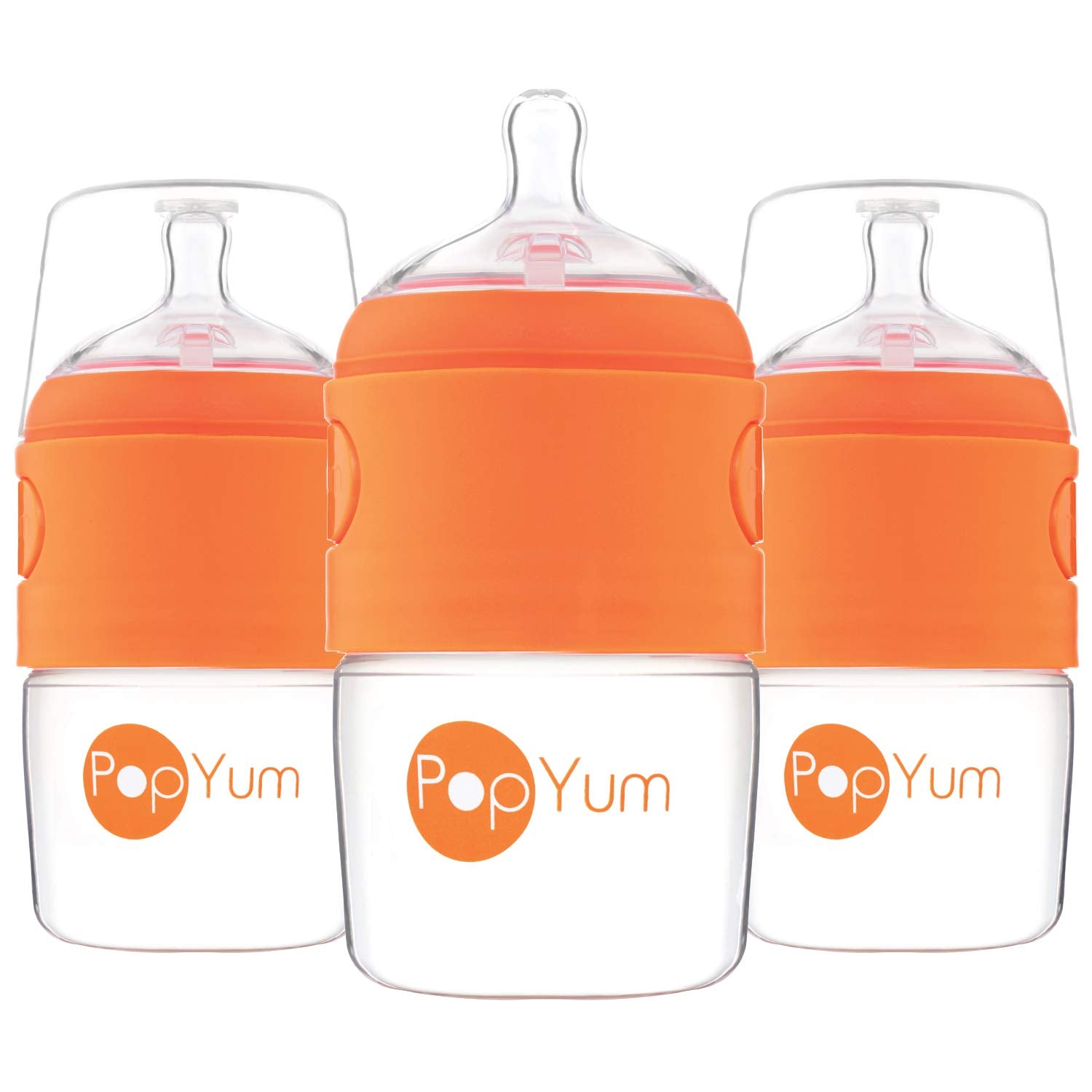 PopYum 5 oz Orange Anti-Colic Formula Making/Mixing/Dispenser Baby Bottles, 3-Pack with #1 Slow