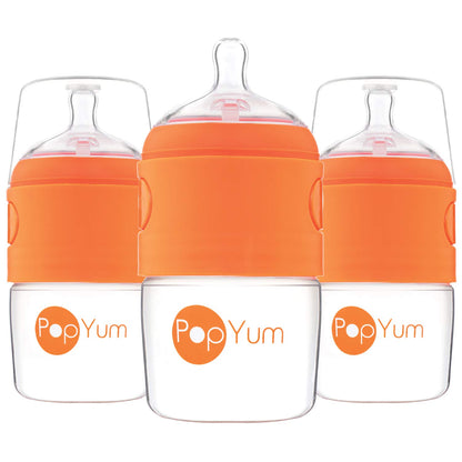 PopYum 5 oz Orange Anti-Colic Formula Making/Mixing/Dispenser Baby Bottles, 3-Pack with #1 Slow