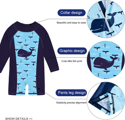 uideazone Baby Boys One Piece Swimsuit Long Sleeve UPF 50+ Rash Guard Bathing Suit Swimwear with Sun Hat 0-24 Months