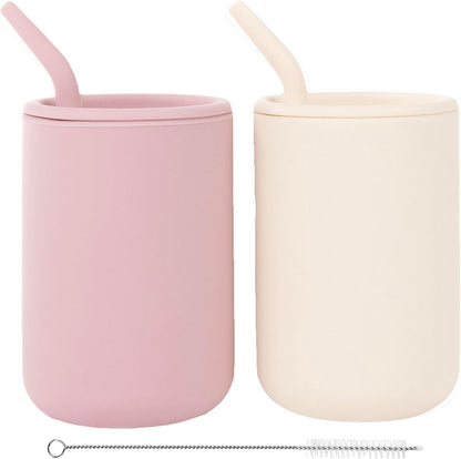 WeeSprout Silicone Baby Cups With Straws and Lids, 4 & 8 oz Options, Set of 2, Food Grade Toddler Training Container, Built In Straw Stoppers, Measurement Markings, Dishwasher Safe + Straw Cleaner