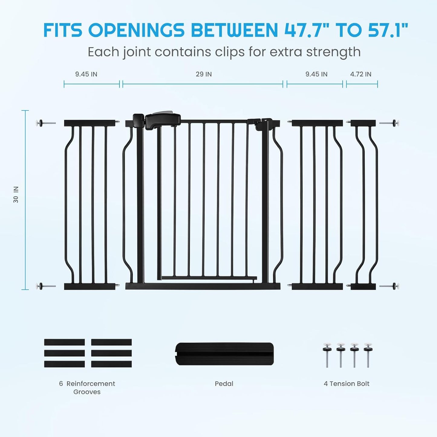 Extra Wide Baby Gate for Stairs Doorways with Door, 30" Tall 47.7-57.1" Wide Easy Install Dog Gate Indoor, Safety Metal Pressure Mounted Pet Gate with Walk-Thru Auto Close for the House, Black