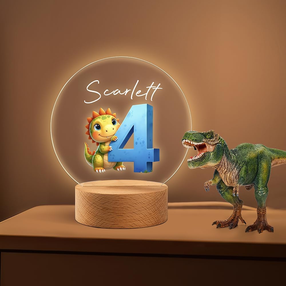 callie Acrylic Night Light Name Plate Personalized, Custom Cute Dinosaur Car with Wooden Base Bedroom Decor, Birthday Gifts Kid Gifts for Family (Cute Cartoon)