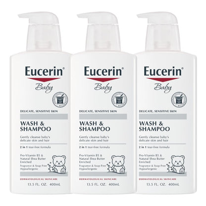 Eucerin Baby Unscented Baby Shampoo and Body Wash, Tear Free Shampoo and Wash, 13.5 Fl Oz Pump