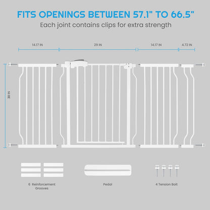 Extra Wide Baby Gate for Stairs Doorways with door, 30" Tall 57.1-66.5" Wide Easy Install Dog Gate indoor, Safety Metal Pressure Mounted Pet Gate with Walk-Thru Auto Close for the House, White