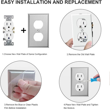 10-Pack Single Duplex Wall Switch Plate Outlet Cover - Stainless Steel Decorator Receptacle Outlet Plate Covers - Brushed Finish - Silver