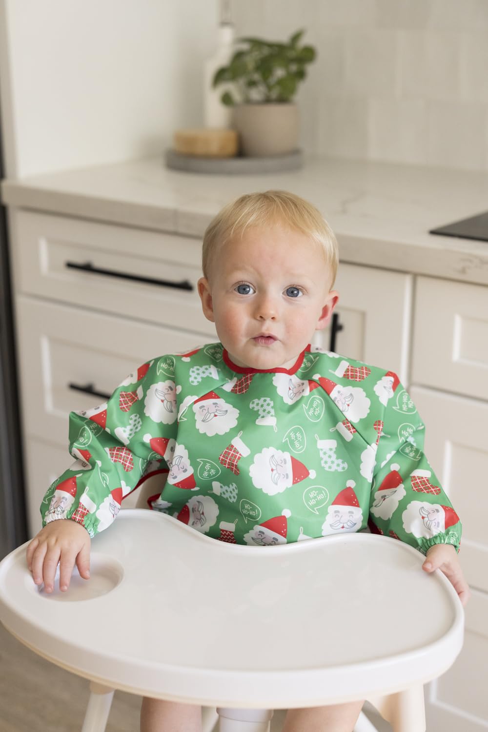 Tiny Twinkle Mess Proof Baby Bib,Waterproof Smock Baby Bib for Eating,Machine Washable Long Sleeve Bib,Baby Led Weaning,Toddler Bib (Santa, Small 6-24 Months)