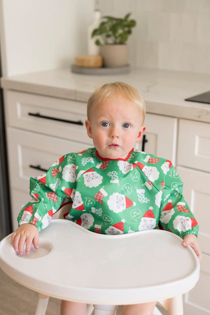 Tiny Twinkle Mess Proof Baby Bib,Waterproof Smock Baby Bib for Eating,Machine Washable Long Sleeve Bib,Baby Led Weaning,Toddler Bib (Santa, Small 6-24 Months)