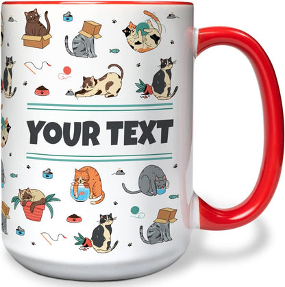 Personalized Mug for Kids - Cats - Custom Name/Text, Ceramic Hot Chocolate/Cocoa/Coffee Cup for Boys/Girls, Birthday/Christmas/Holiday Gift - 15 oz, Red Handle