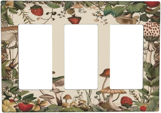 Decorative Outlet Covers Rustic Mushroom Garden Red Strawberry 3 Gang Wall Plate Triple Rocker Light Switch Cover Plate Jumbo Electrical GFCI Faceplate for Bedroom Home Decor