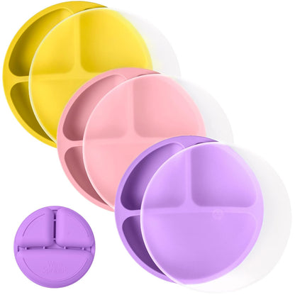 WeeSprout Silicone Plates with Lids for Babies & Toddlers (3 Pack) 100% Food-Grade Dishes for Self Feeding, Divided Design & Raised Edges for Picky Eaters, Dishwasher & Microwave Safe Weaning Supplies