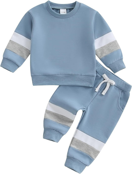 Kupretty Toddler Baby Boy Fall Winter Clothes Color Block Long Sleeve Sweatshirt Pullover Tops + Joggers Pants Outfit Set