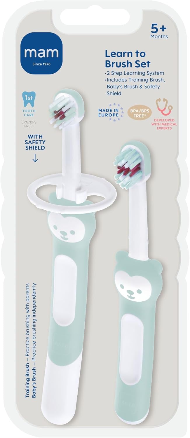 MAM Learn to Brush Set (1 Baby's Brush Toothbrush, 1 Training Brush, 1 Safety Shield), Baby