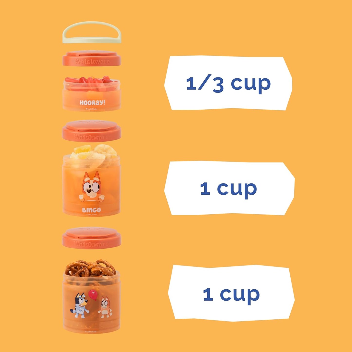 Whiskware Bluey Stackable Snack Containers for Kids and Toddlers, 3 Stackable Snack Cups for School