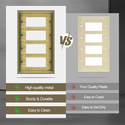 2 Pack Quad Decorator Switch Covers Wall Plate, Antique Brass Metal Material Rocker Switch Plates, 4 Gang Wall Plate for Receptacle, GFCI Outlet, Dimmer Switch - Classic Style