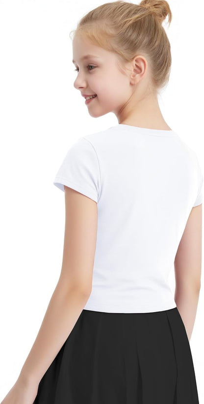 Auranso Girls Crop Tops Summer Short Sleeve Round Neck T Shirts Basic Tee for Kids