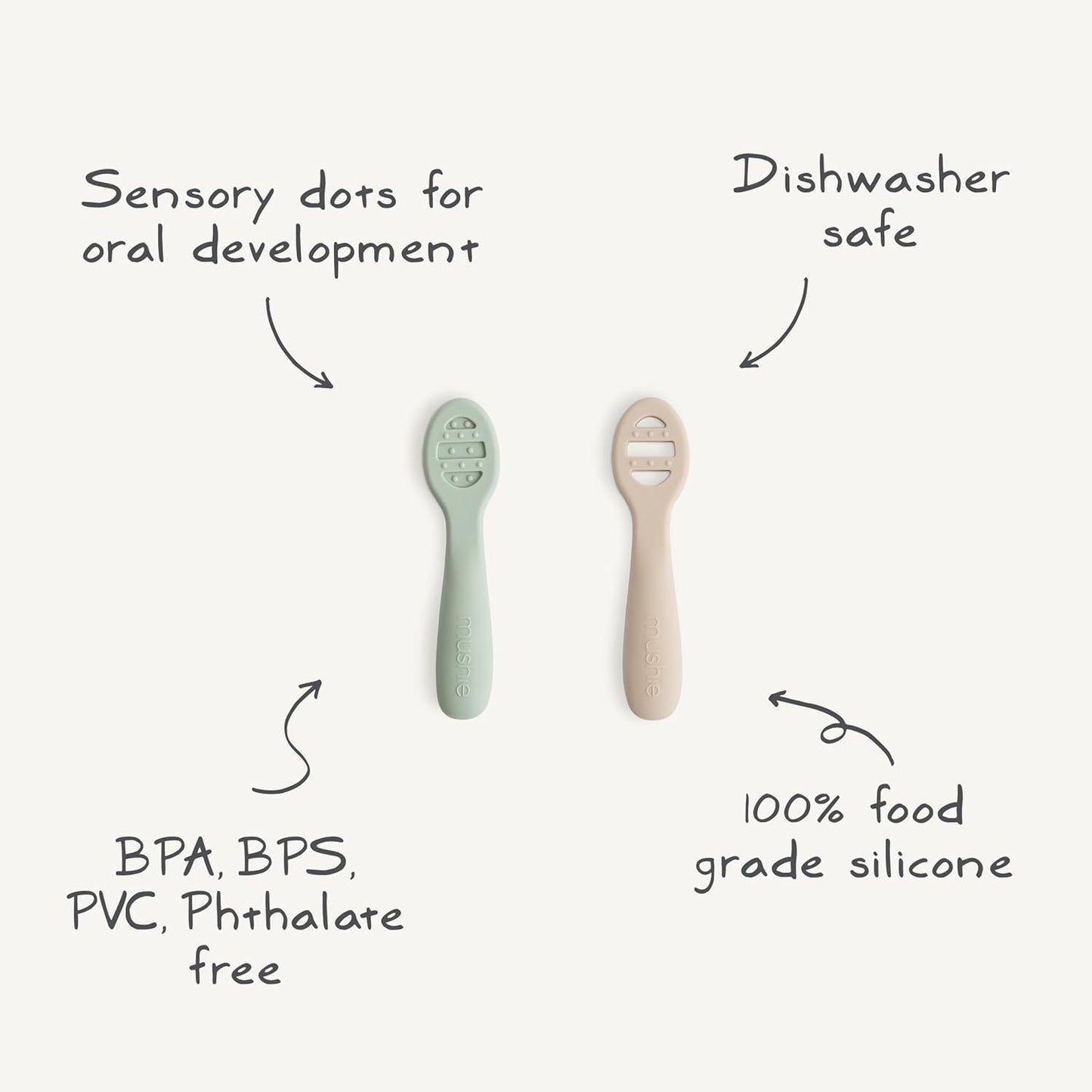 mushie Silicone First Feeding Baby Spoons | 2 Pack (Powder Blue/Shifting Sand)
