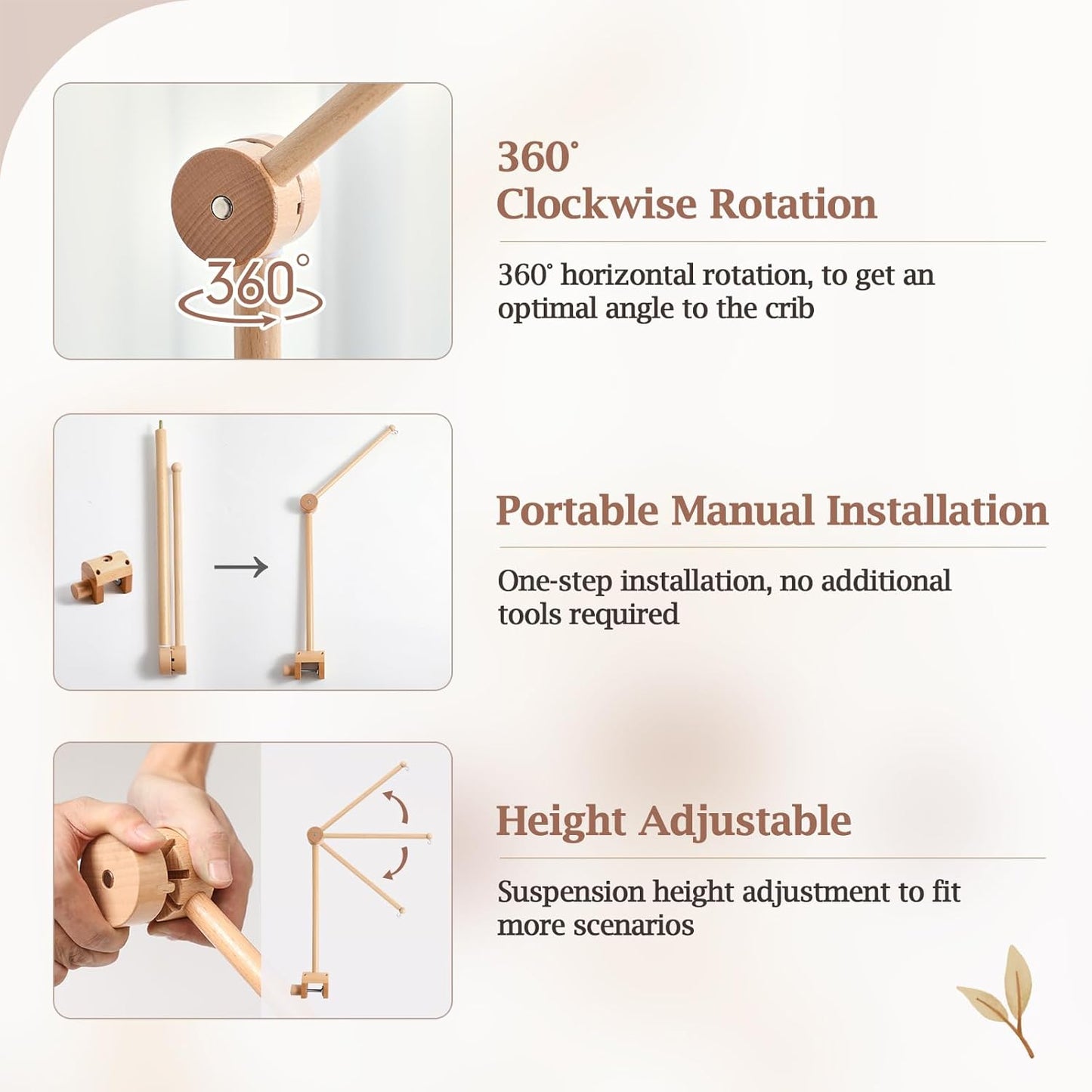 Baby Crib Mobile Arm - Wooden Mobile Arm with Height Adjustable＆360° Rotatable Upgraded Arched Base Nursery Mobile Holder for Crib Mobile Hanger Baby Crib Attachment Nursery Decor