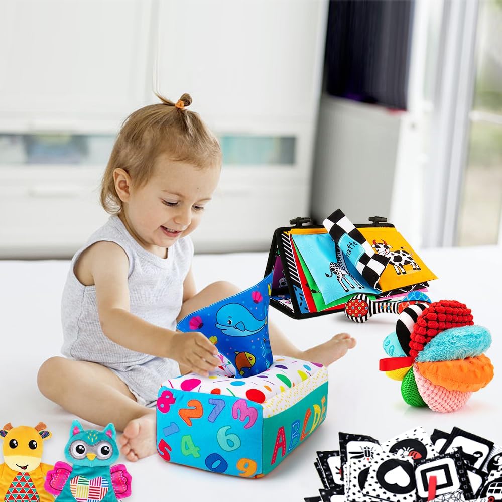 Baby Gifts Set,Infant Toys Set with Tummy Time Mirror,Plush Teethers,High Contrast Baby Books,Rattle,Tissue Box Toy,Sensory Ball for Boys Girls,Perfect Sensory Toys Gifts Basket for Shower Birthday