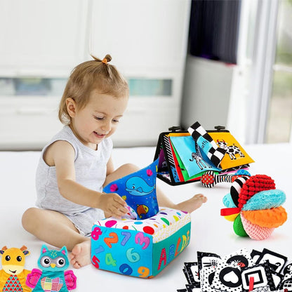 Baby Gifts Set,Infant Toys Set with Tummy Time Mirror,Plush Teethers,High Contrast Baby Books,Rattle,Tissue Box Toy,Sensory Ball for Boys Girls,Perfect Sensory Toys Gifts Basket for Shower Birthday