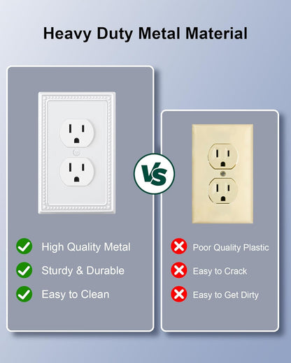 6-Pack Duplex Outlet Cover Plate, Pure White Metal Wall Plates for Electrical Outlets, 1 Gang