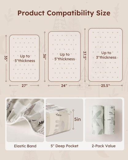 Yoofoss Baby Pack and Play Sheets 2 Pack for Boys and Girls - 38x26 Mini Crib Sheets Fitted Neutral