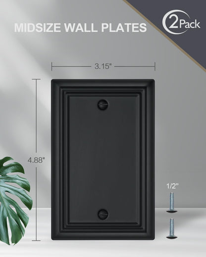 2-Pack Black Blank Wall Plates, No Device Blank Outlet Covers, Metal Electrical Covers for Unused Outlets/Switches, 3.15''*4.88'', Midsize
