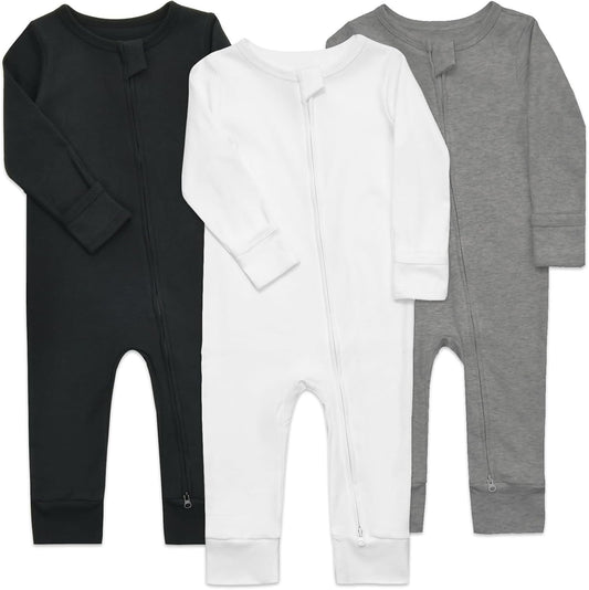 Aablexema 3-Pack Organic Cotton Baby Footless Pajamas with Mitten Cuffs, 2-Way Zipper Romper Sleepers