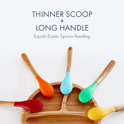 Avanchy Bamboo & Silicone Infant Training Spoons, BPA Free - Soft Tip, Easy on Gums, First Stage Feeding Utensils for Baby-Led Weaning, Self-Feeding, Assorted w/Blue
