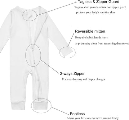 Aablexema 3-Pack Organic Cotton Baby Footless Pajamas with Mitten Cuffs, 2-Way Zipper Romper Sleepers