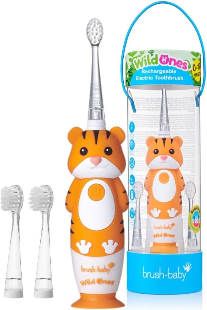 brush-baby WildOnes™ Rechargeable Kids Electric Toothbrush – Toby Tiger | Flashing Lights, 2-Min