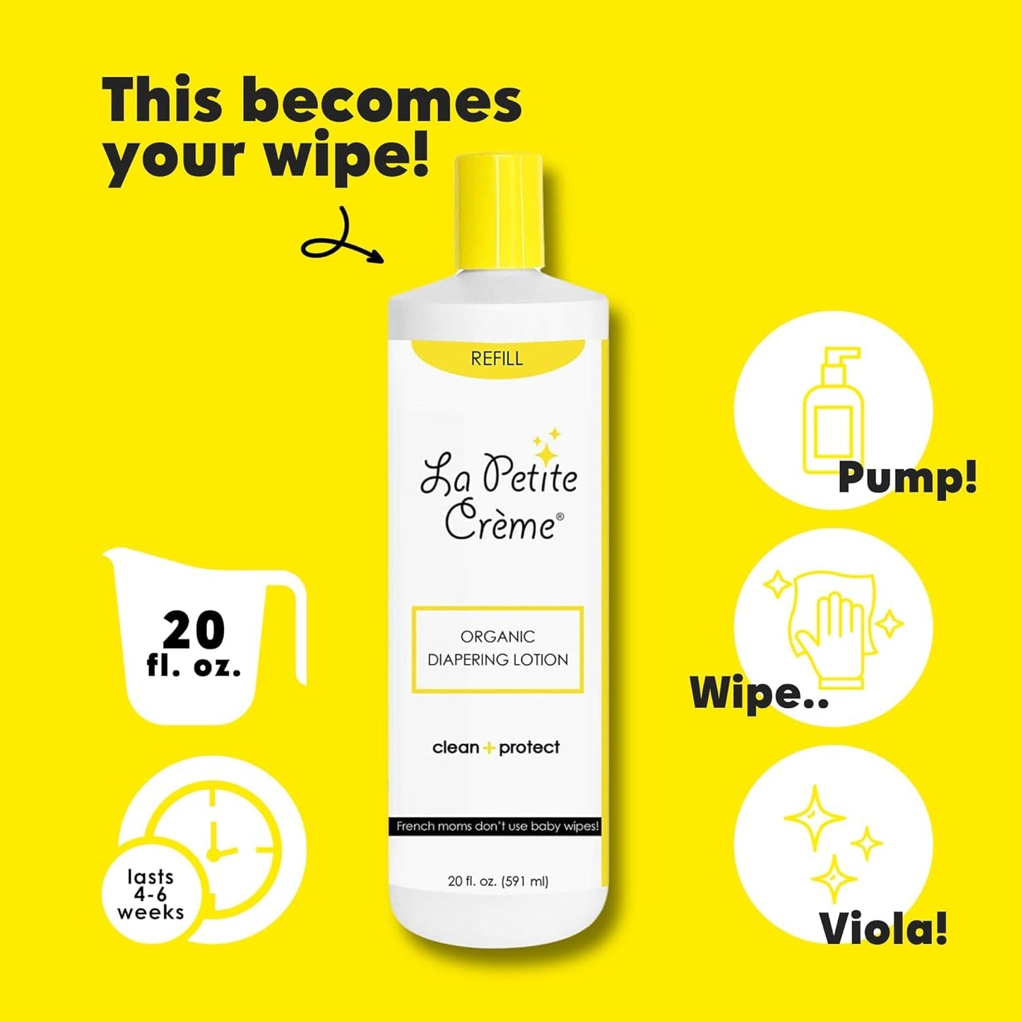 La Petite Creme French Premium Diapering Lotion - Diaper Cream Alternative to Baby Wipes - Gentle Moisturizer & Skin Cleanser with USDA Certified Organic Ingredients - Baby Essentials (20 oz)