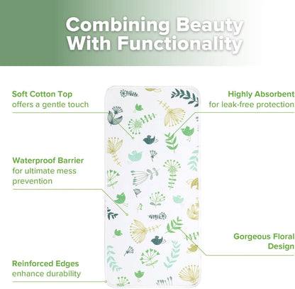 haakaa Waterproof Changing Pad Liners, 100% Cotton, Soft & Breathable (2pcs, 13" x 27.5" Honey Blossom+Spring Breeze)